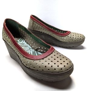 Fly London Green Perforated Wedge Heels Size 8
